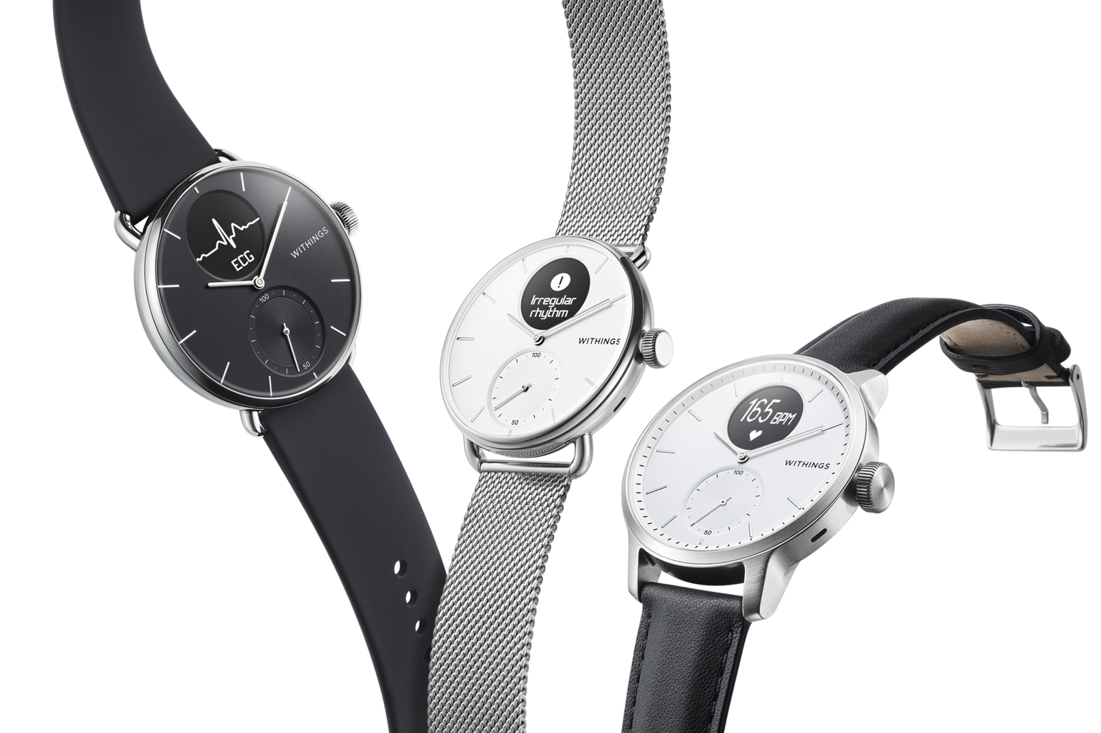 Unclickable 3D of three Withings Scanwatches floating in the air